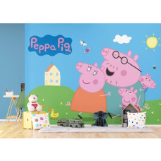 Een fotobehang met Peppa Pig in de kinderkamer, waarin de vrolijke kleuren en schattige personages zorgen voor een speelse en levendige sfeer.