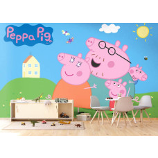 Een fotobehang met Peppa Pig in de speelkamer, waar Peppa en haar vriendjes in een fantasierijke setting een leuke en avontuurlijke uitstraling creëren.