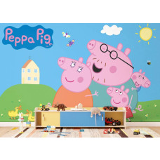 Een fotobehang met Peppa Pig in de babykamer, waarbij de zachte kleuren en lieve illustraties zorgen voor een rustige en vrolijke uitstraling.