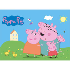 Een fotobehang met Peppa Pig, waarin Peppa, George, Papa en Mama Pig vrolijk spelen in een kleurrijke omgeving vol speelse details.