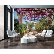 Een fotobehang van een bloemenpergola met 3D-effect in een tunnelvorm.