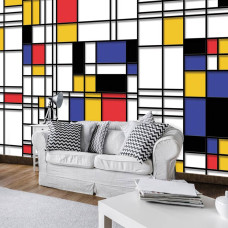 Een fotobehang met Piet Mondriaan compositie kunst schilderij voor de huiskamer.