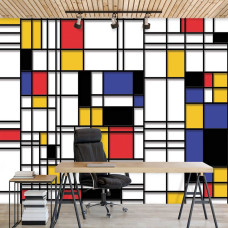 Een fotobehang met Piet Mondriaan compositie kunst schilderij voor in het kantoor.