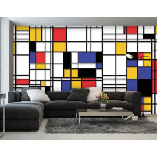 Een fotobehang met Piet Mondriaan compositie kunst schilderij voor slaapkamer en woonkamer.