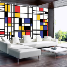 Een fotobehang met Piet Mondriaan compositie kunst schilderij op vliesbehang voor de woonkamer.