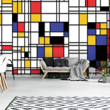 Een fotobehang met Piet Mondriaan compositie kunst schilderij voor de woonkamer.