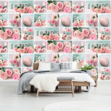 Een fotobehang met roze bloemen en een liefdevolle uitstraling, geschikt voor de woonkamer.