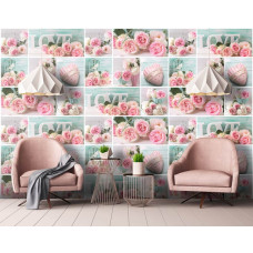 Een fotobehang van roze rozen met een romantisch thema, passend voor de huiskamer.