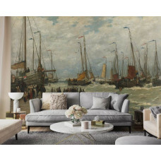 Fotobehang Pinken in de branding met een schilderij van Hendrik Willem Mesdag; vissersboten op het strand van Scheveningen, ankers in het zand en vrouwen die verse vis verhandelen, getoond in de woonkamer.