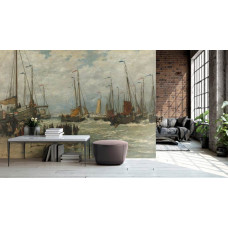 Een woonkamer met fotobehang Pinken in de branding met een schilderij van Hendrik Willem Mesdag; vissersboten op het strand van Scheveningen, ankers in het zand en vrouwen die verse vis verhandelen.