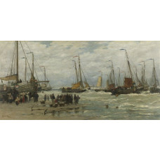 Fotobehang Pinken in de branding met een schilderij van Hendrik Willem Mesdag; vissersboten op het strand van Scheveningen, ankers in het zand en vrouwen die verse vis verhandelen.