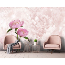 Een fotobehang met een roze pioenroos en rozen in een abstract en kunstzinnig ontwerp, perfect voor een stijlvolle woonkamer.