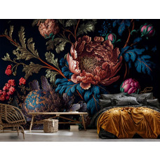 Een fotobehang van een pioenrozen kunst schilderij van bloemen in een slaapkamer.