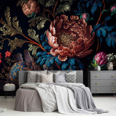 Een fotobehang van een pioenrozen kunst schilderij van bloemen in de woonkamer en slaapkamer.