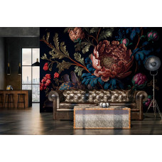 Een fotobehang van een pioenrozen kunst schilderij van bloemen in de woonkamer.