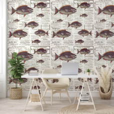 Een fotobehang met piranha's en vissen in een dynamische compositie, geschikt voor een kantoor.