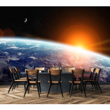 Een fotobehang met de planeet Aarde gezien vanuit de ruimte, perfect voor een keuken.
