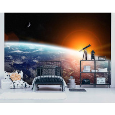 Een fotobehang met een prachtig beeld van de Aarde gezien vanuit de ruimte, perfect voor een kinderkamer.