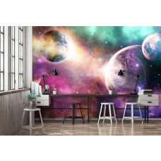 Een fotobehang met een futuristisch ruimtethema, perfect voor een gamekamer.