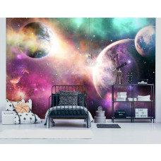 Een fotobehang met een kleurrijke galaxy vol sterren en planeten, speciaal voor een kinderkamer.
