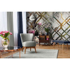 Een fotobehang van sierplanten met gouden ornamenten en bloemen te zien in de slaapkamer en woonkamer.