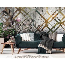Een fotobehang van sierplanten met gouden ornamenten en bloemen te zien in de woonkamer.