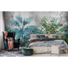 Een industrieel fotobehang van planten op een betonnen muur met groene jungle-uitstraling te zien in de slaapkamer.