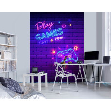Een fotobehang met een gaming-thema, voorzien van neonletters en een controller, ideaal voor een gamekamer.