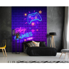 Een fotobehang met neonletters en een gamecontroller, ideaal voor een gameroom in een kinderkamer.
