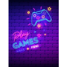 Fotobehang met heldere neon letters en een gamecontroller, ontworpen voor een speelse gameroom. De felle kleuren en gaming-symbolen maken het een perfecte aanvulling voor elke game-omgeving.