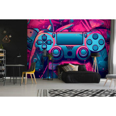 Een fotobehang van een Playstation gamecontroller in een gamekamer en slaapkamer.