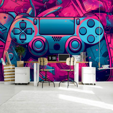Een fotobehang van een Playstation gamecontroller in een gamekamer.