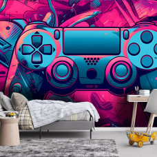 Een fotobehang van een Playstation gamecontroller in een kinderkamer.