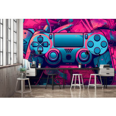 Een fotobehang van een Playstation gamecontroller op vliesbehang in een gamekamer.