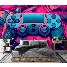 Een fotobehang van een Playstation gamecontroller op vliesbehang in een slaapkamer.