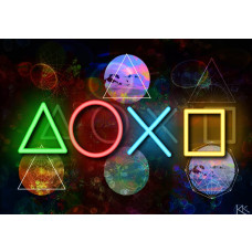 Fotobehang met neonverlichte PlayStation-symbolen op een futuristische zwarte achtergrond.