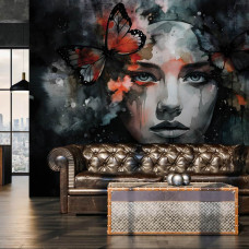Een fotobehang van een portret van vrouwelijke elegantie en vlinderdromen in een mancave.