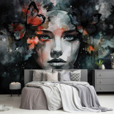 Een fotobehang van een portret van vrouwelijke elegantie en vlinderdromen in een slaapkamer op vliesbehang.