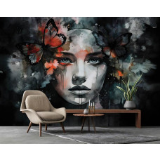 Een fotobehang van een portret van vrouwelijke elegantie en vlinderdromen in een woonkamer op vliesbehang.