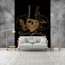Een fotobehang van de Postumous Gentlemen's Club met een schedel in alchemie thema voor de woonkamer.