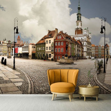 Een fotobehang met een panorama van Poznan, Polen, met monumentale gebouwen.