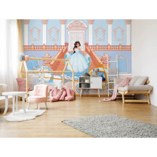 Een fotobehang met een prinses in een koets op weg naar een bal in een sprookje voor de kinderkamer en meisjeskamer.
