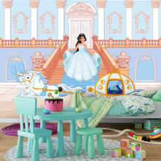 Een fotobehang met een prinses in een koets op weg naar een bal in een sprookje voor de kinderkamer.