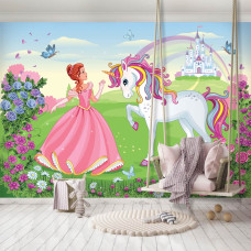 Een fotobehang van een prinses met een unicorn bij een sprookjeskasteel in de babykamer.