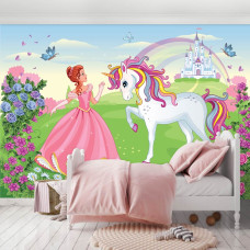 Een fotobehang van een prinses met een unicorn bij een sprookjeskasteel in de kinderkamer en meisjeskamer.