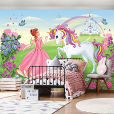 Een fotobehang van een prinses met een unicorn bij een sprookjeskasteel in de kinderkamer.