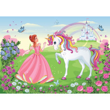 Fotobehang van een prinses met een eenhoorn in een sprookjeskasteel.