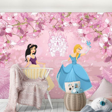 Een fotobehang met een prinsessenkasteel uit een sprookje voor de kinderkamer.