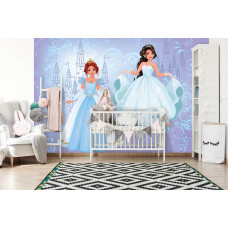 Een fotobehang met een prinsessenbal kasteel voor de kinderkamer en babykamer.