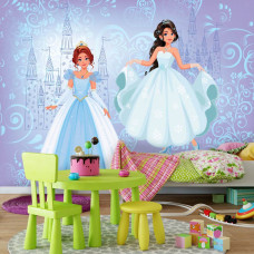 Een fotobehang met een prinsessenbal kasteel voor de kinderkamer.